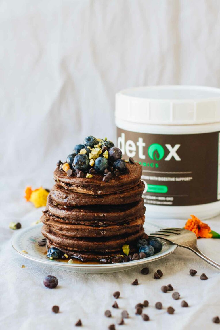 Stack of Chocolate Protein Pancakes with Detox Organics! 