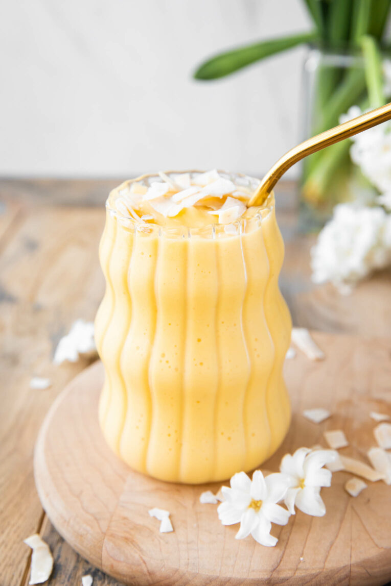 Healthy Mango Banana Smoothie that's vegan, gluten free, dairy free, and perfect for a snack or refreshing drink!