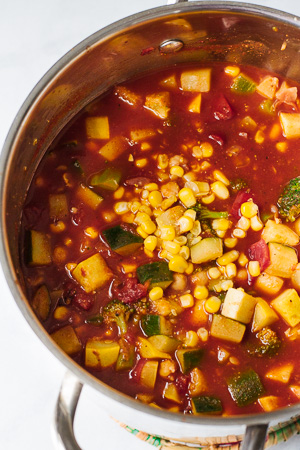 Overhead shot of Large stock pot of vegetarian chili.