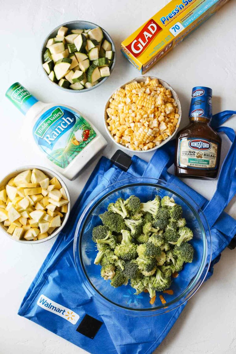 Ingredients for an easy and delicious Barbecue Ranch Pasta Salad sitting on a counter.