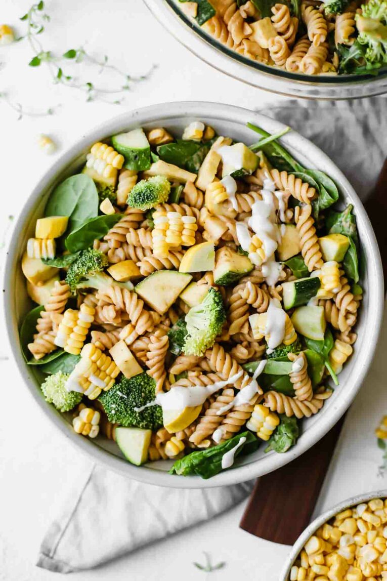 Overhead shot of Barbecue Ranch Pasta Salad in a white bowl