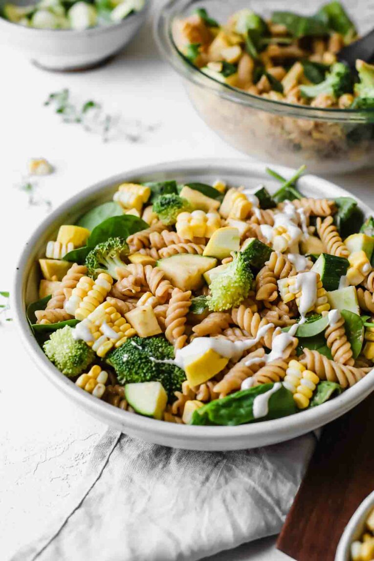 Easy to make Barbecue Ranch Pasta Salad served in a white bowl.
