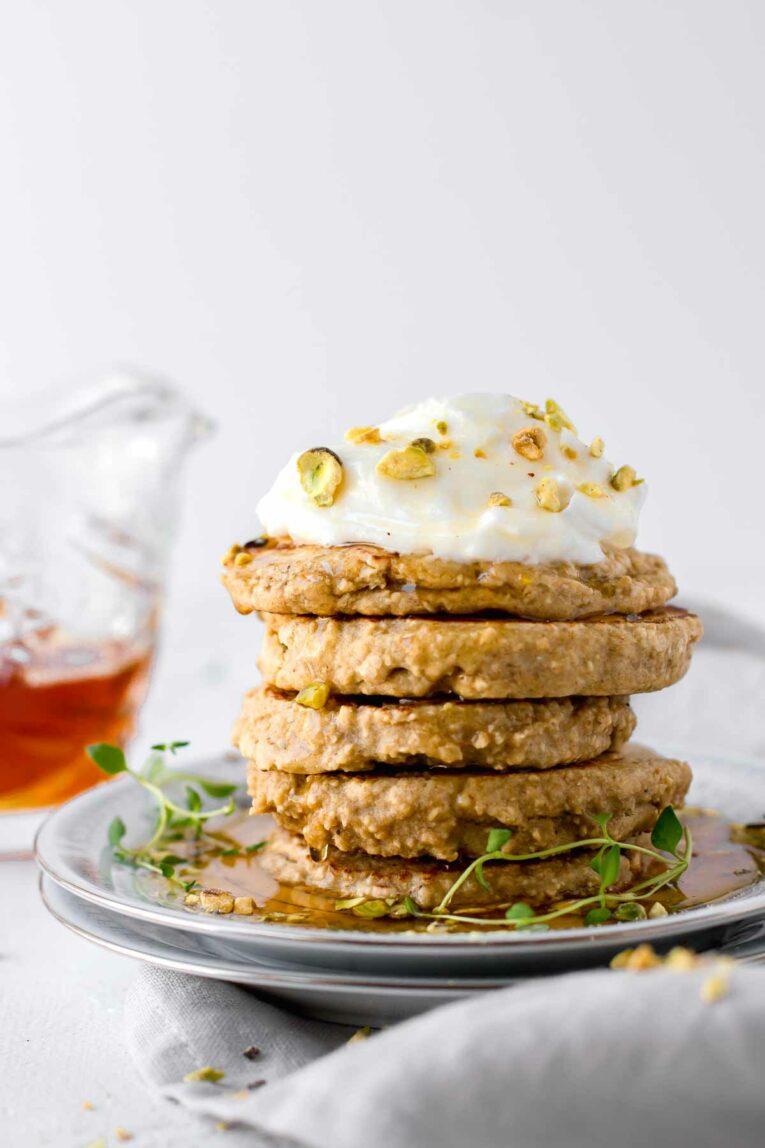 Side view of Simple 3-Ingredient Protein Pancakes Stack