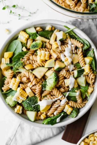 Barbecue Ranch Pasta Salad in a white bowl