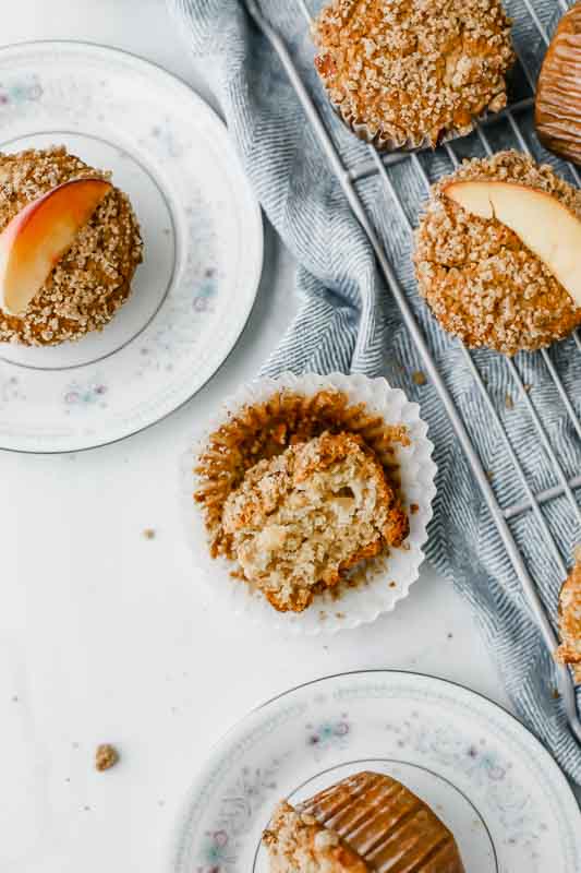 Overhead shot of Wholesome Peach Muffin cut in half.