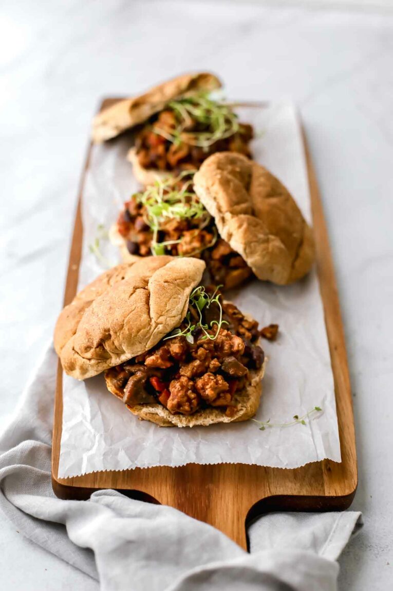 30-Minute Healthy Sloppy Joes Recipe served on a cutting board.