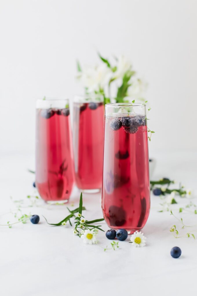 These Blueberry Thyme Mimosas are alcohol-free, low-sugar, and perfect for a refreshing weekend brunch drink!