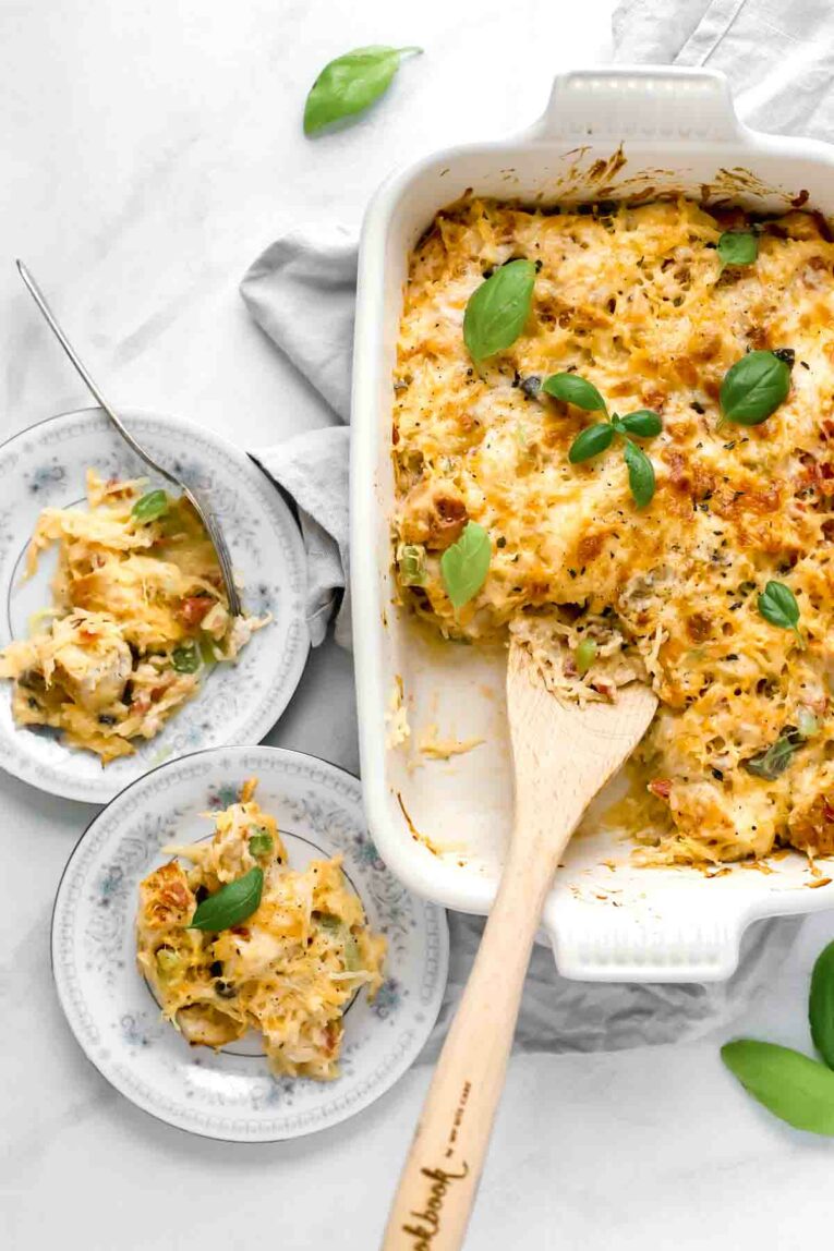 Cheesy Chicken Spaghetti Squash Casserole (Freezer Meal)! Gluten free and easy to make!