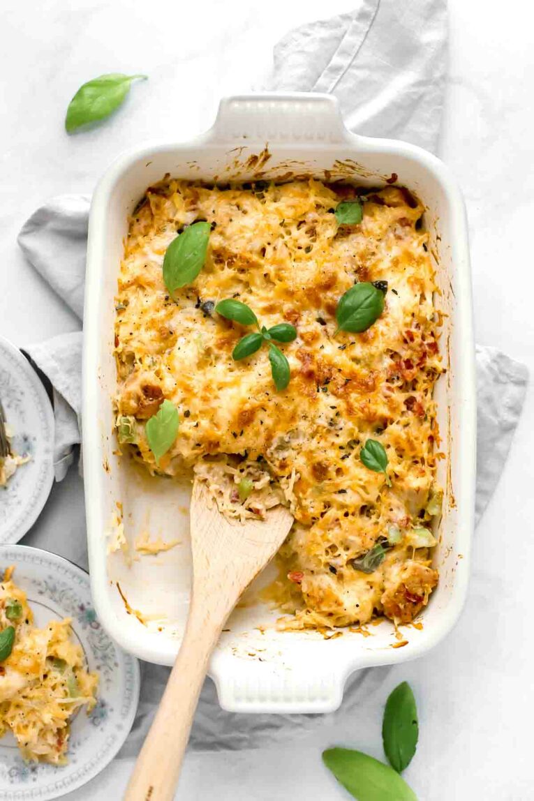 Cheesy Chicken Spaghetti Squash Casserole (Freezer Meal)! Gluten free and easy to make!