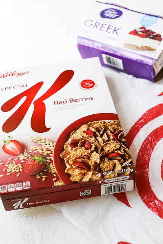 5-Minute Strawberry Cheesecake Breakfast Parfait ingredients with target bag.