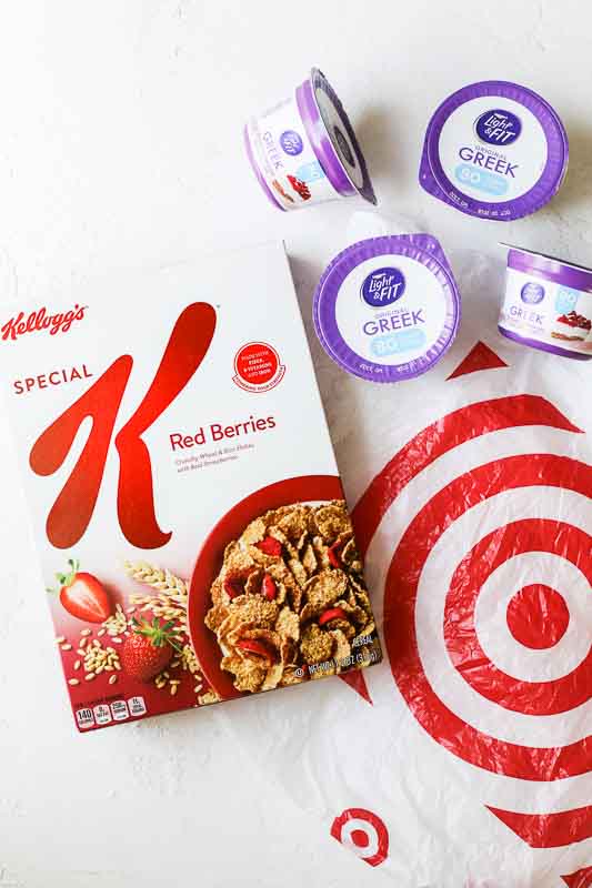 5-Minute Strawberry Cheesecake Breakfast Parfait ingredients with target bag.