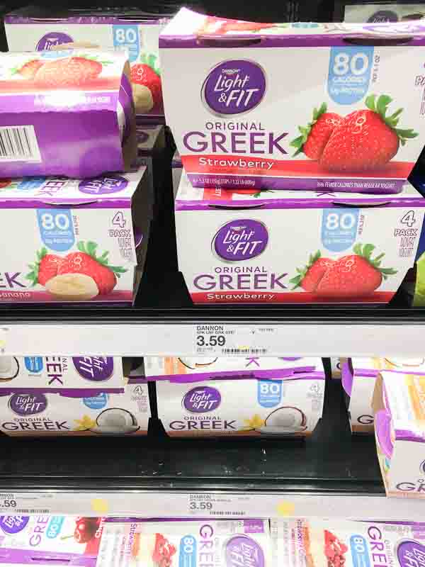 light & fit greek yogurt at grocery store.