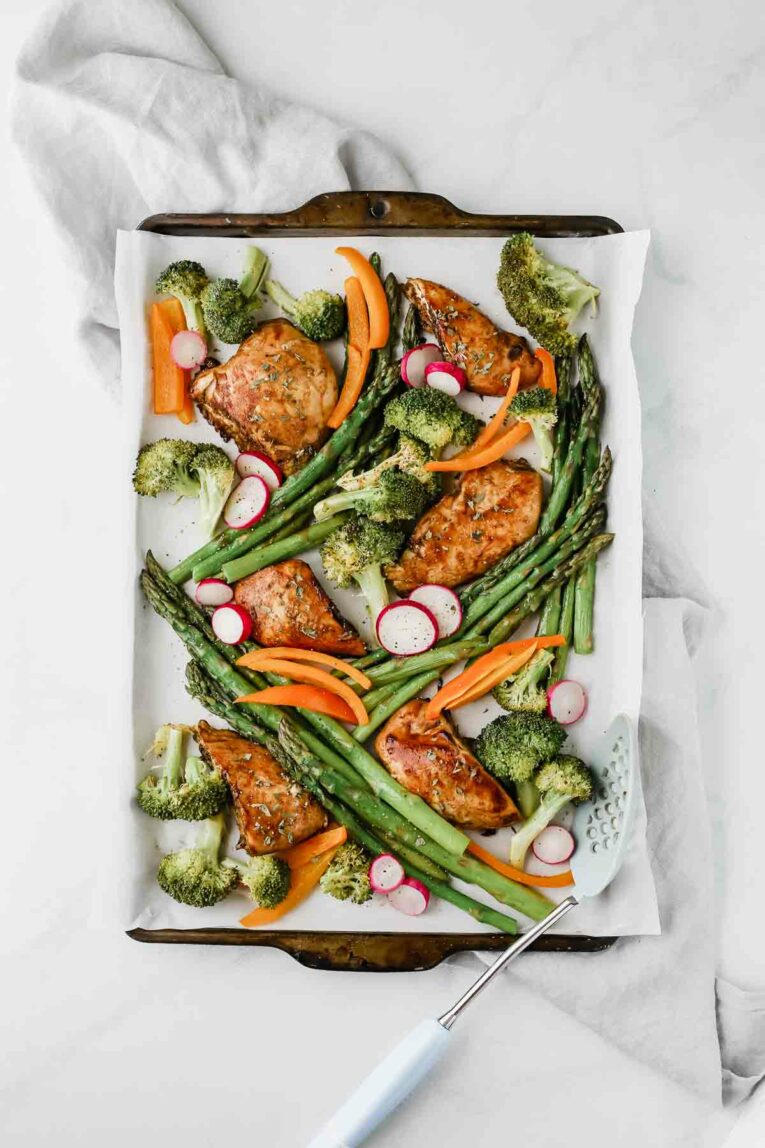 Honey Balsamic Chicken & Veggies on a sheet pan.