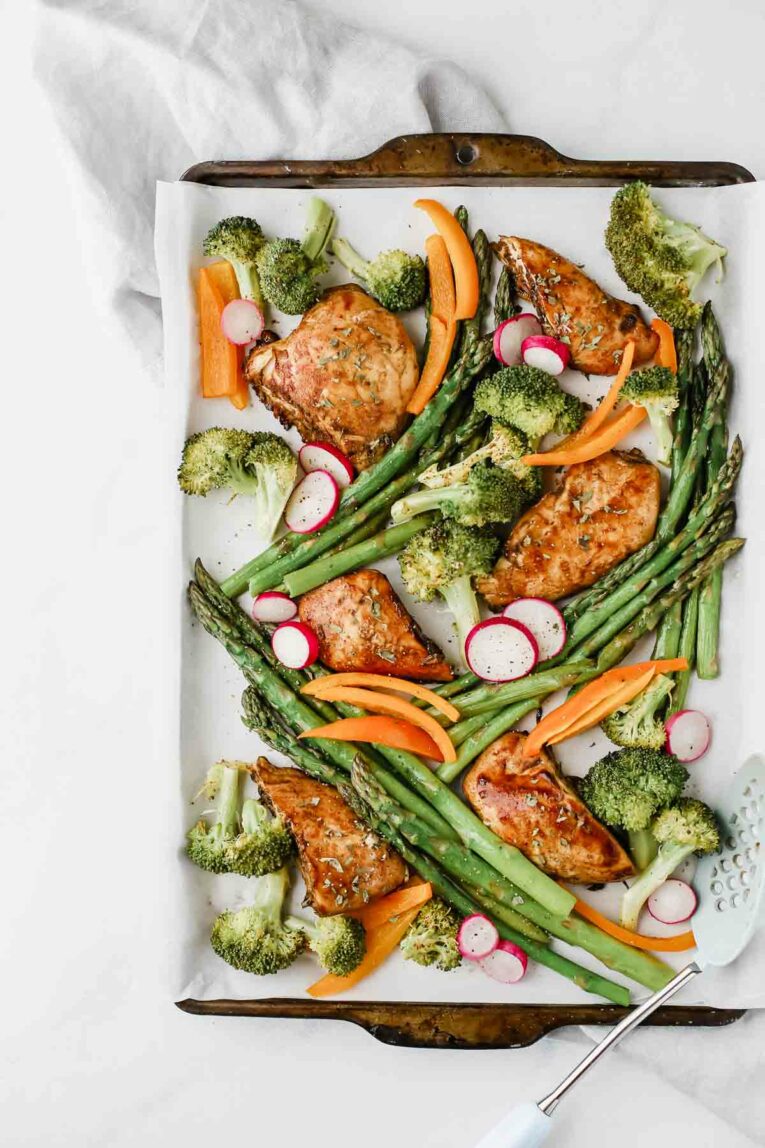Overhead shot of Honey Balsamic Chicken & Veggies on a sheet pan.