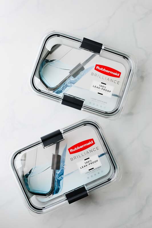 Rubbermaid brilliance containers sitting on a countertop.