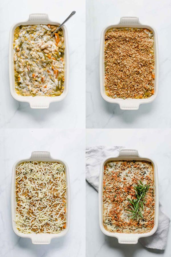 4 images of step by step instructions for vegetable bake.