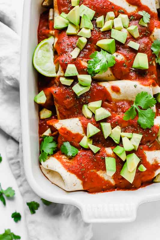 5-Ingredient Vegan Enchiladas in a white baking dish.