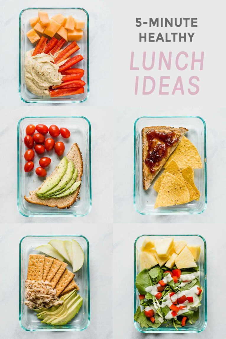 5-Minute Healthy Lunch Ideas text on a photo with 5 healthy lunches.