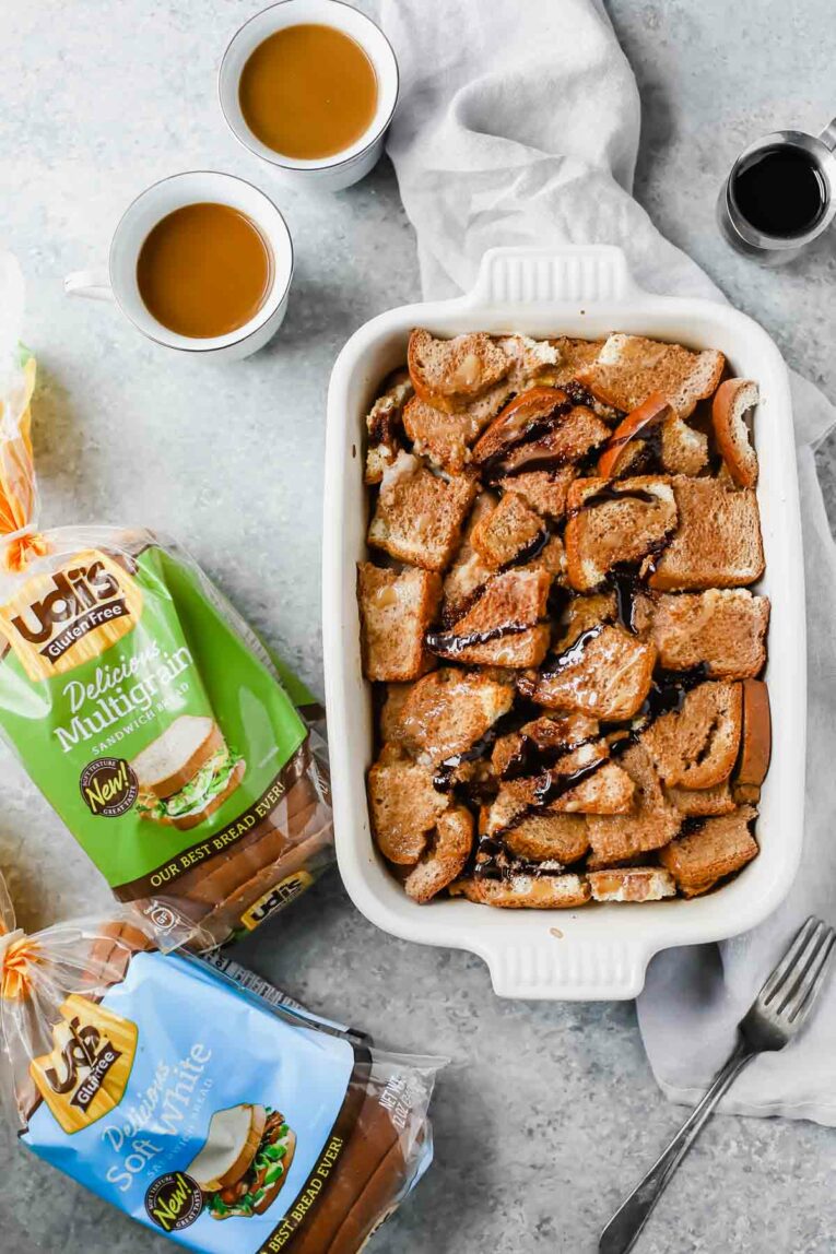Chocolate Caramel Gluten Free French Toast Casserole with Udi's Gluten Free Bread and two cups of coffee.