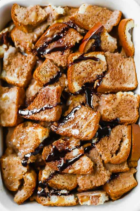 Close up shot of Chocolate Caramel Gluten Free French Toast Casserole