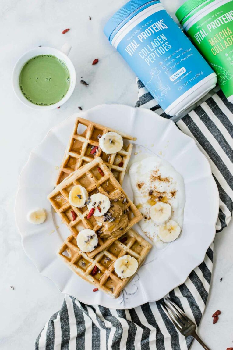 Protein waffles made with Vital Proteins Collagen Peptides and served with Matcha Collagen.