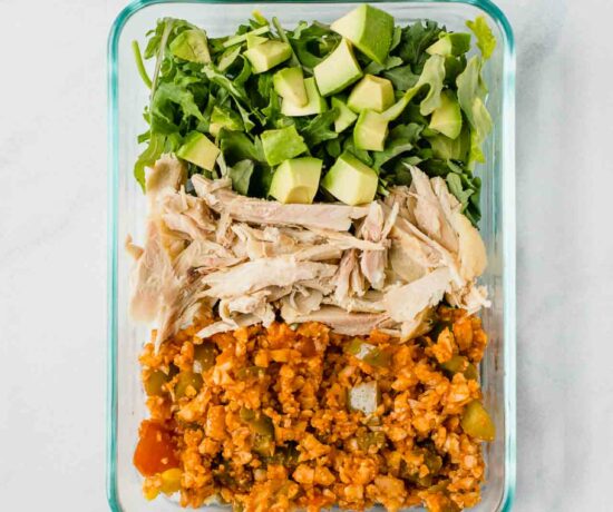 A top shot photo of a Mexican meal prep bowl.