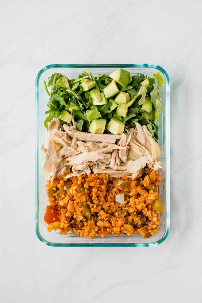 A top shot photo of a Mexican meal prep bowl.