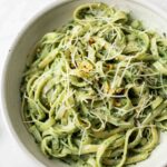 10-Minute Healthy Avocado Pasta Sauce with fettuccine in a bowl.