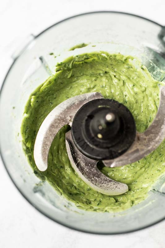 Avocado pasta sauce in a food processor.