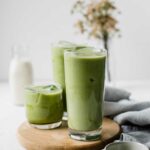 Matcha latte in glass cups iced.