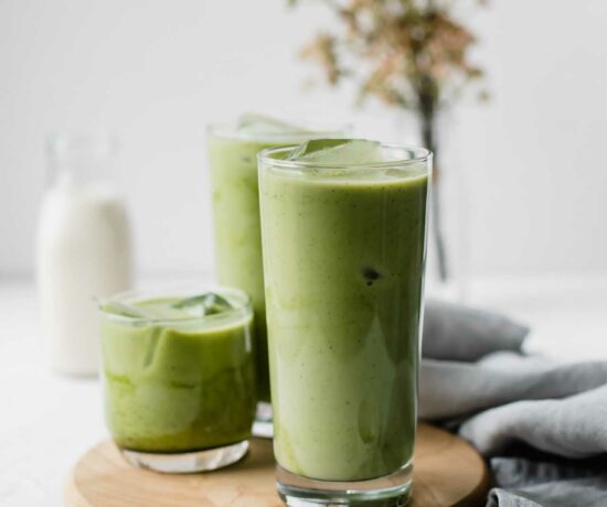Matcha latte in glass cups iced.