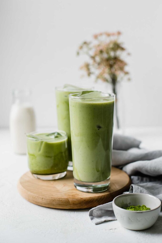 Matcha latte in glass cups iced.