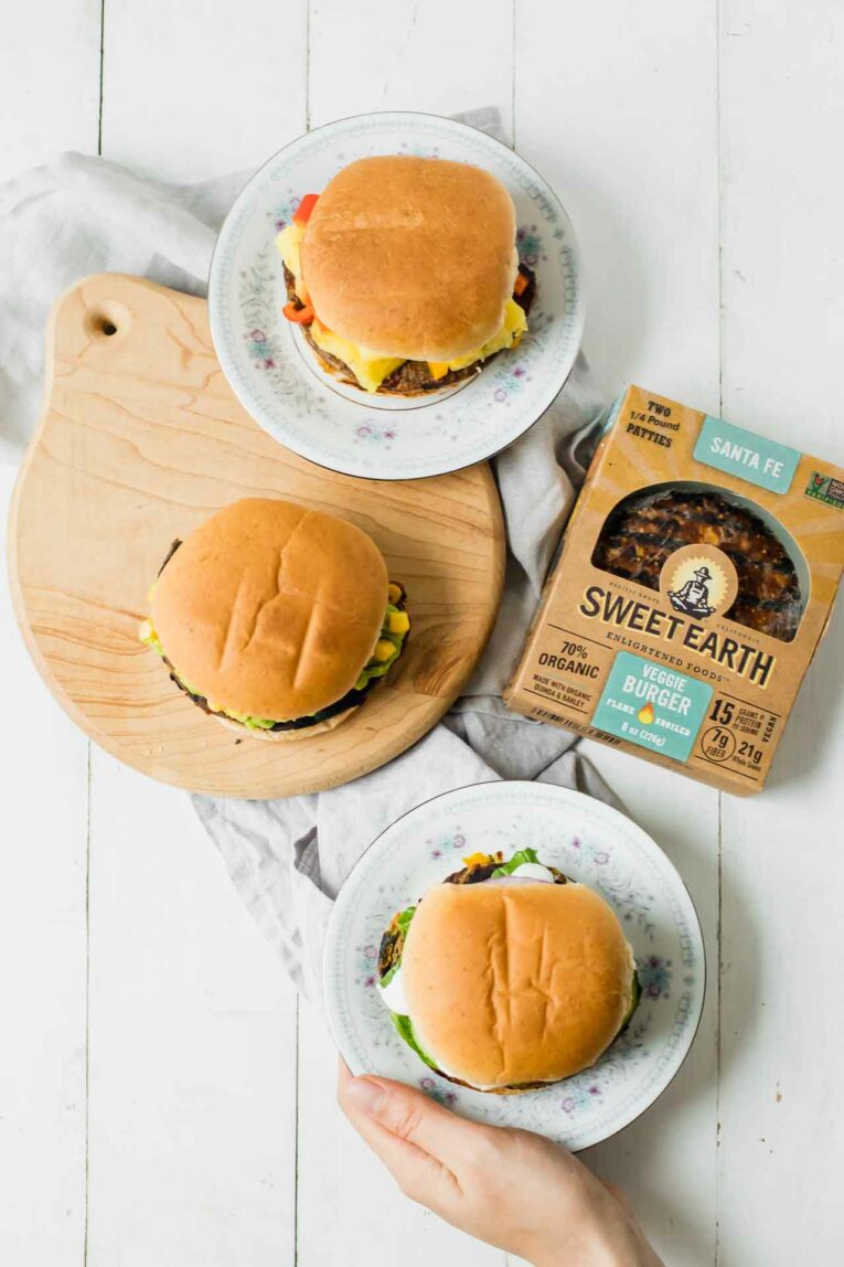 Overhead shot of 3 veggie burgers on plates