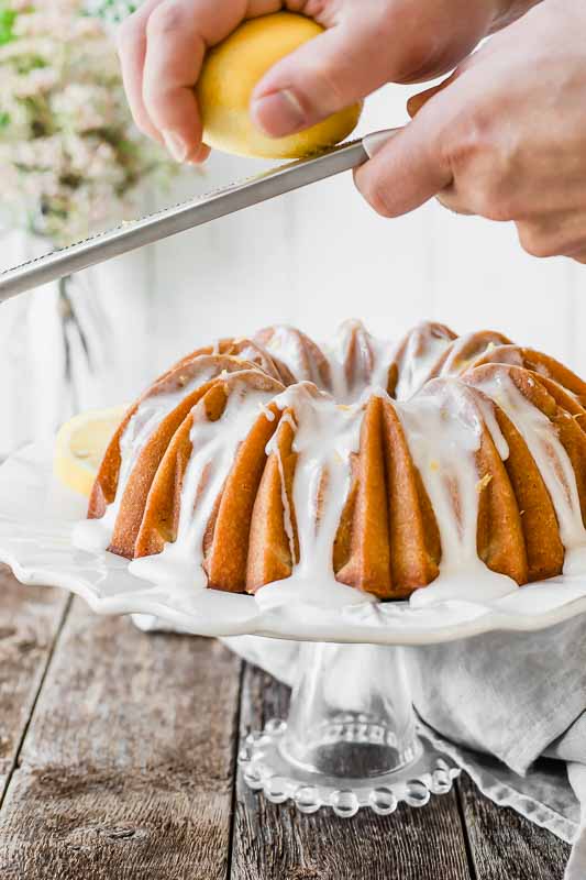 Sweet tea lemon cake with lemon zest on top.