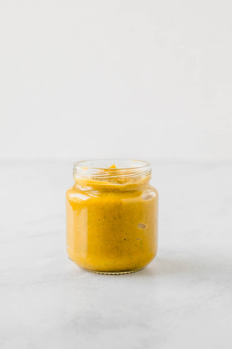 Sweet Potato & Green Bean Baby Food recipe in a baby food jar.