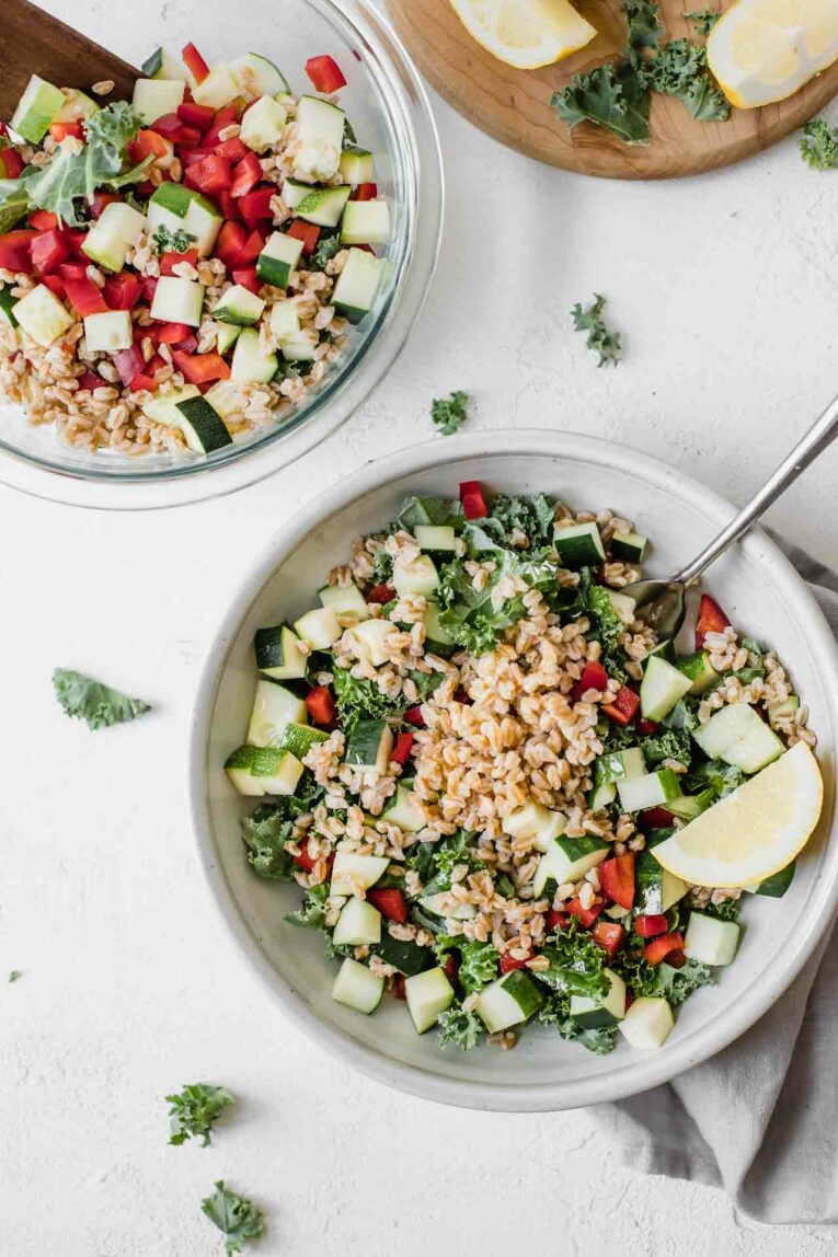 10-Minute Mediterranean Farro Salad in two bowls