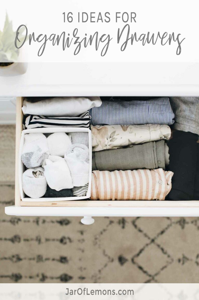 16 Brilliant Ideas For Organizing Drawers text over image of organized drawer.