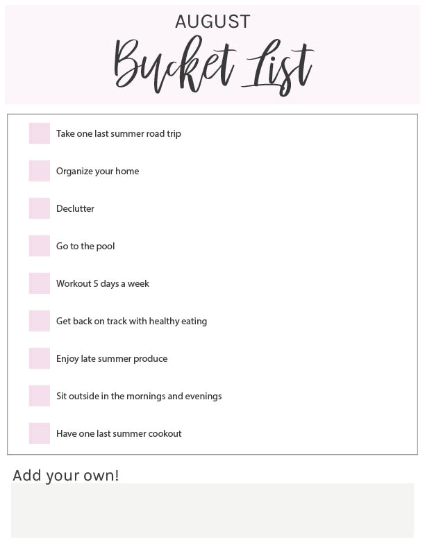 August Bucket list checklist