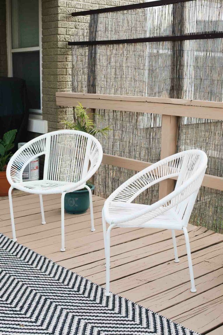 Small spaces can be everything you want them to be! Today, we're sharing our favorite inspiration and decorating ideas for a small deck! Home depot white outdoor chairs.