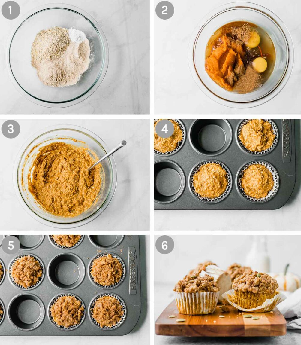 Steps for how to make healthy pumpkin muffins.