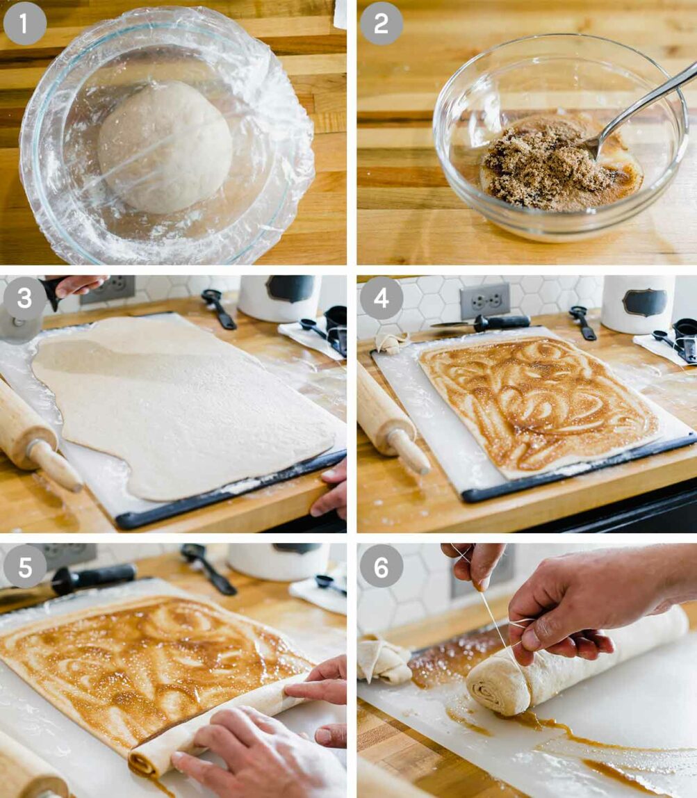 6 steps for making vegan cinnamon rolls.