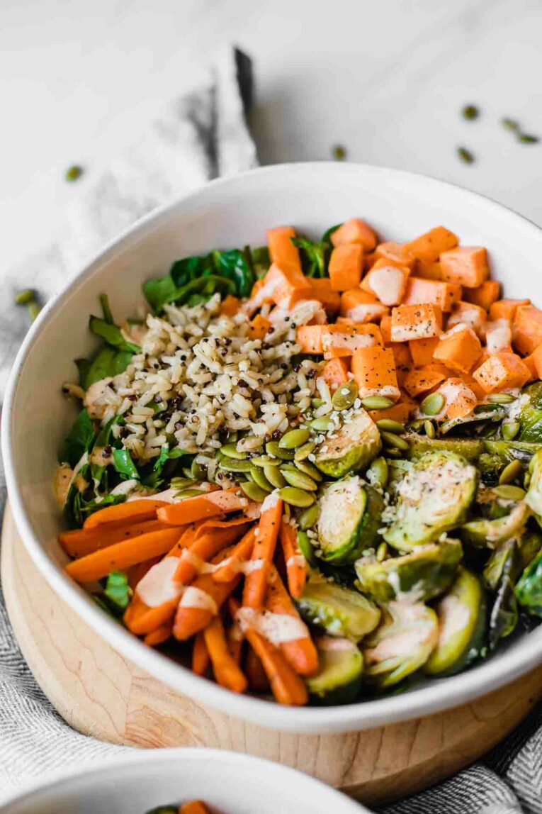 Angled photo of fall harvest bowls.