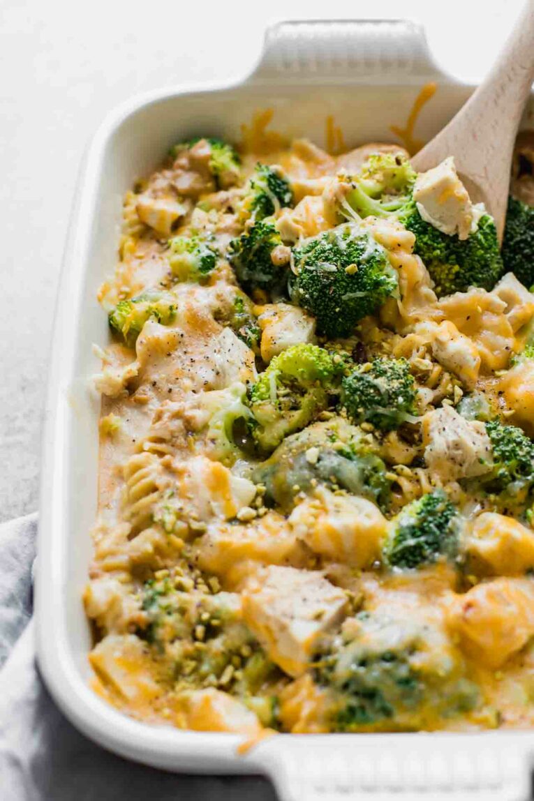 Healthy Chicken Broccoli Pasta Casserole with a spoon.