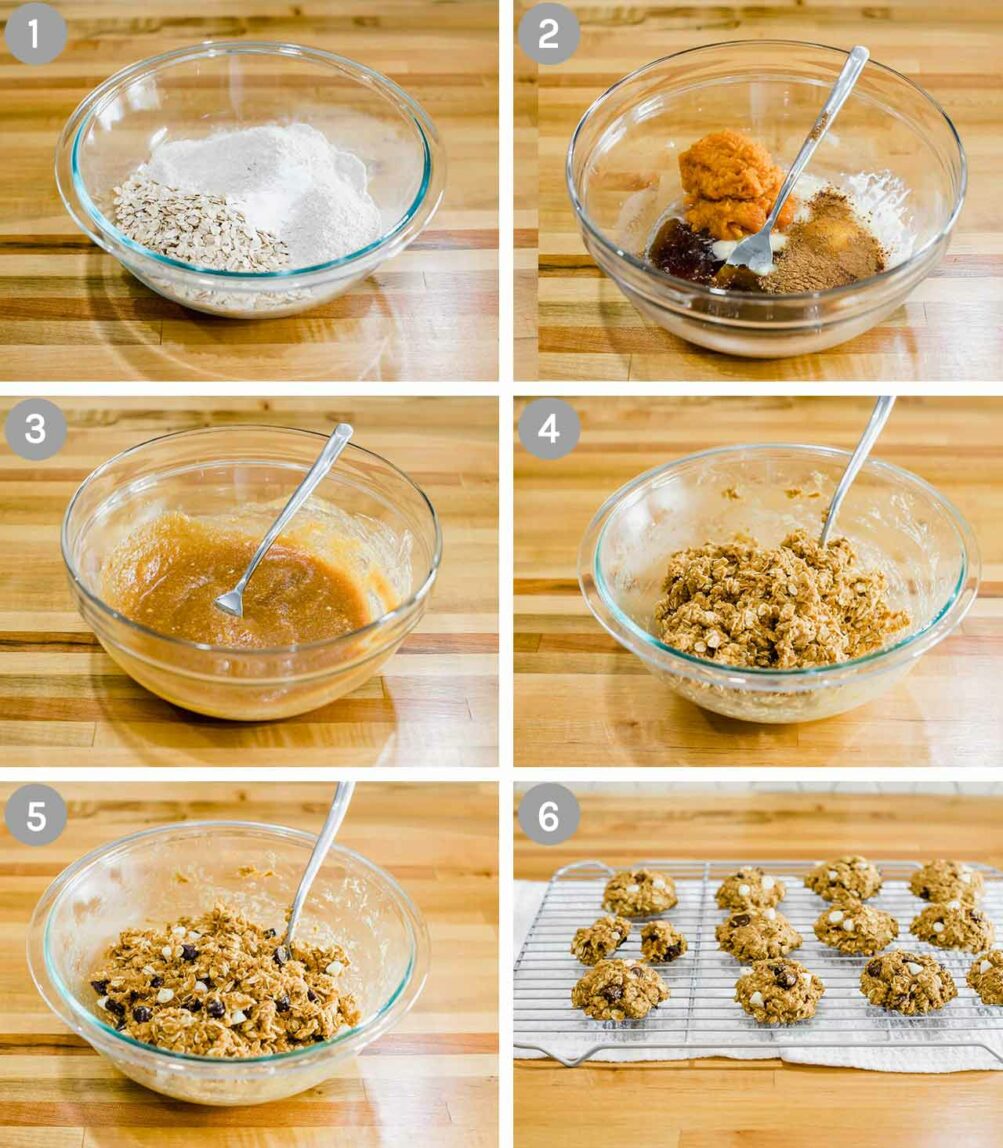 6 steps for making pumpkin oatmeal cookies.