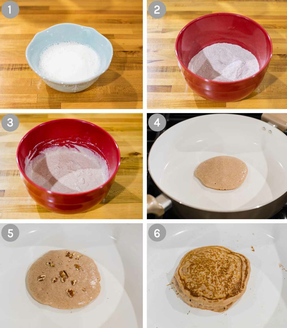 Graphic showing 6 steps for making fluffy pecan pancakes.