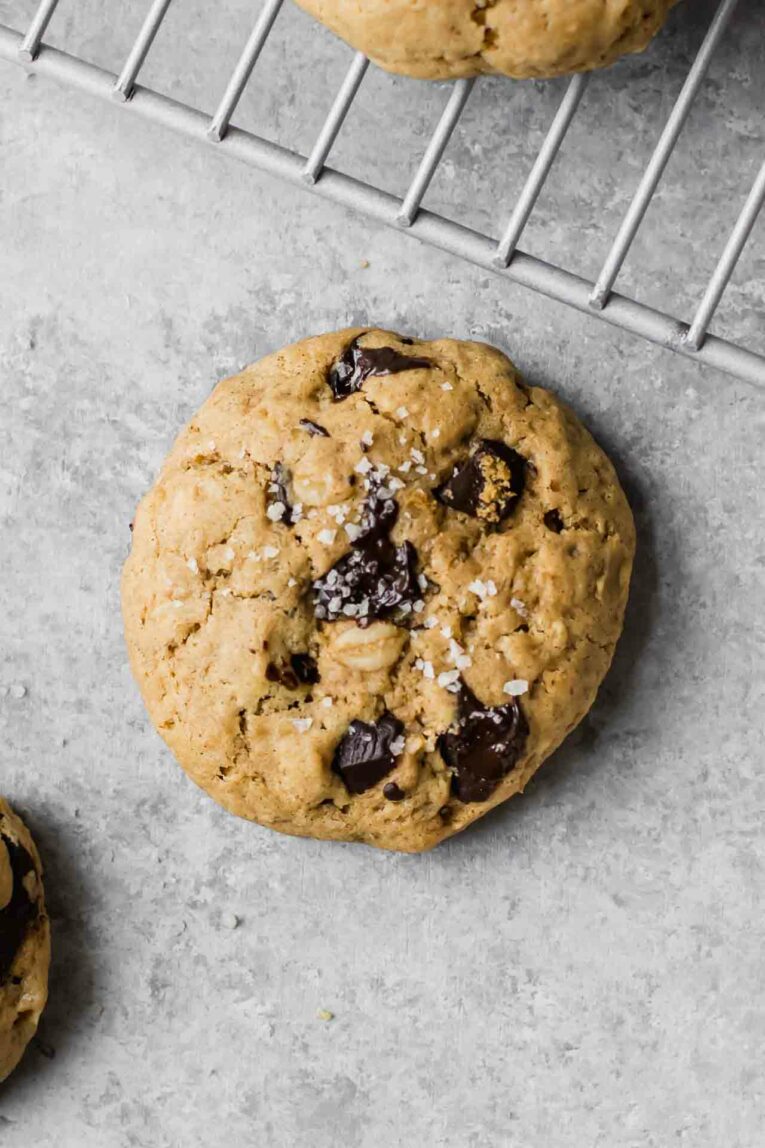 Close up of Healthy Oatmeal Chocolate Chip Cookies on a grey background.