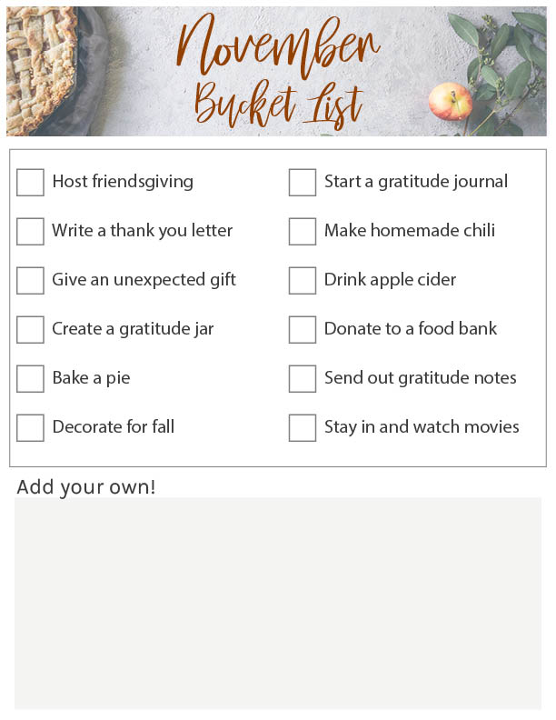 November bucket list printable.