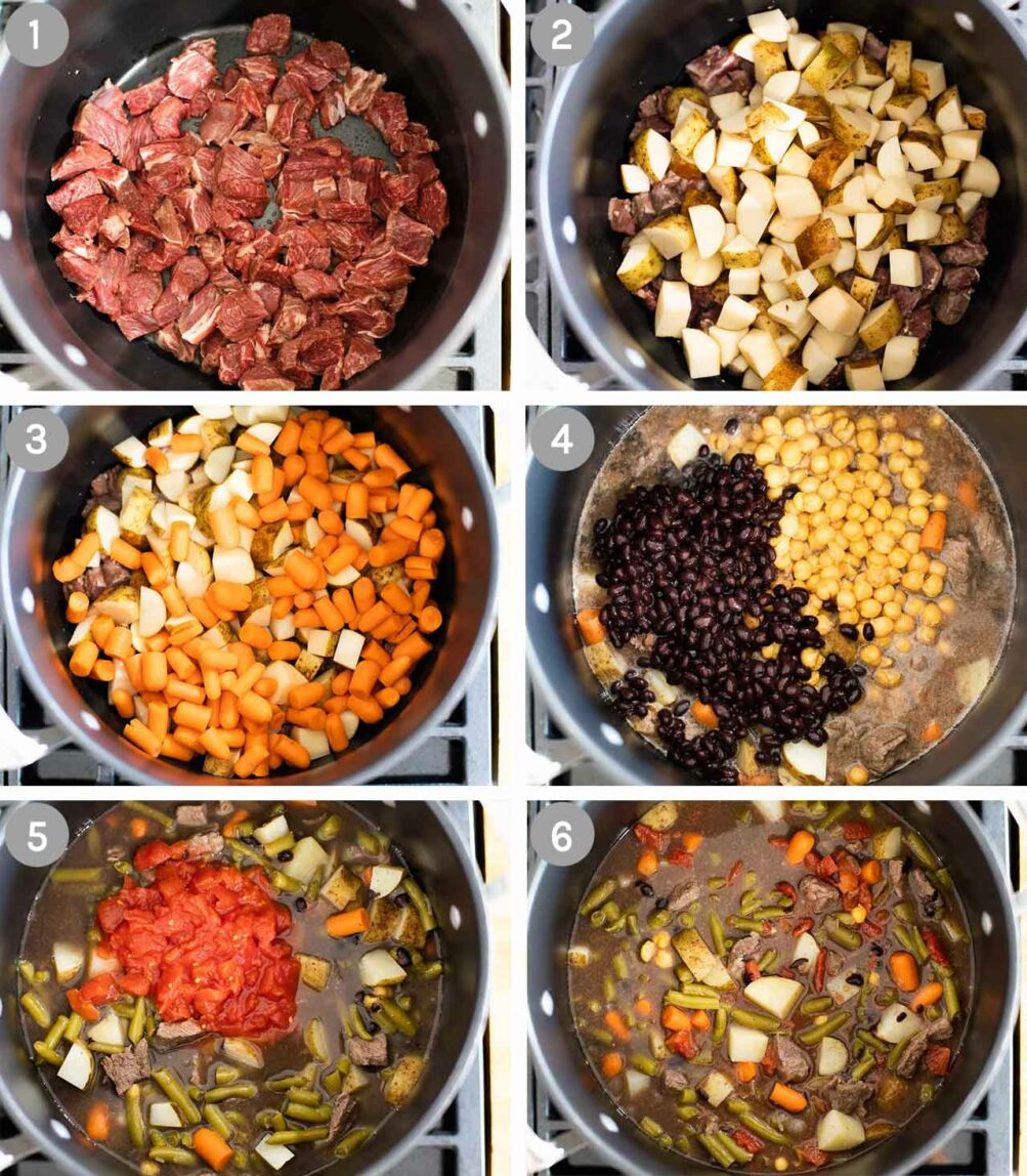 6 steps for making the best beef stew recipe.
