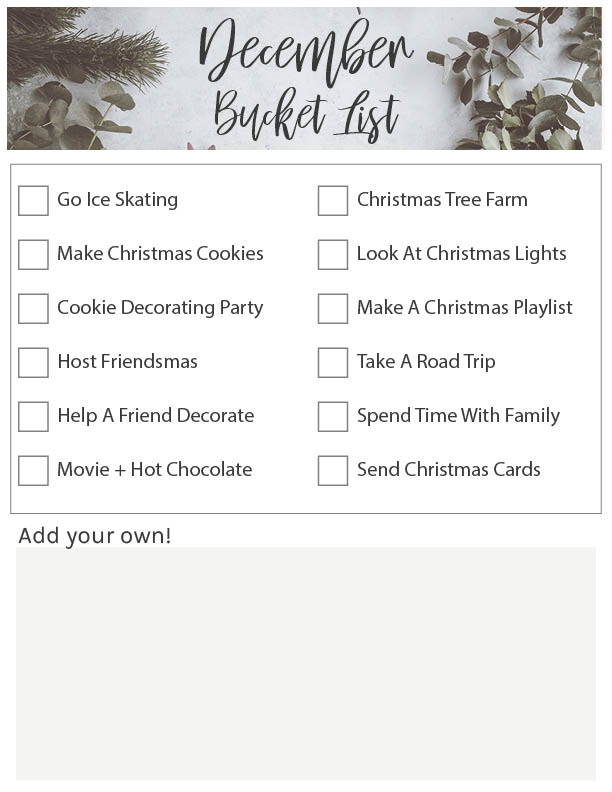 December Bucket List printable PDF