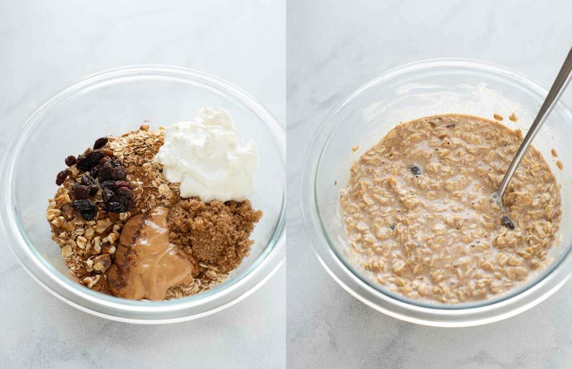 Glass bowl with ingredients for overnight oats beside a glass bowl of mixed overnight oats.